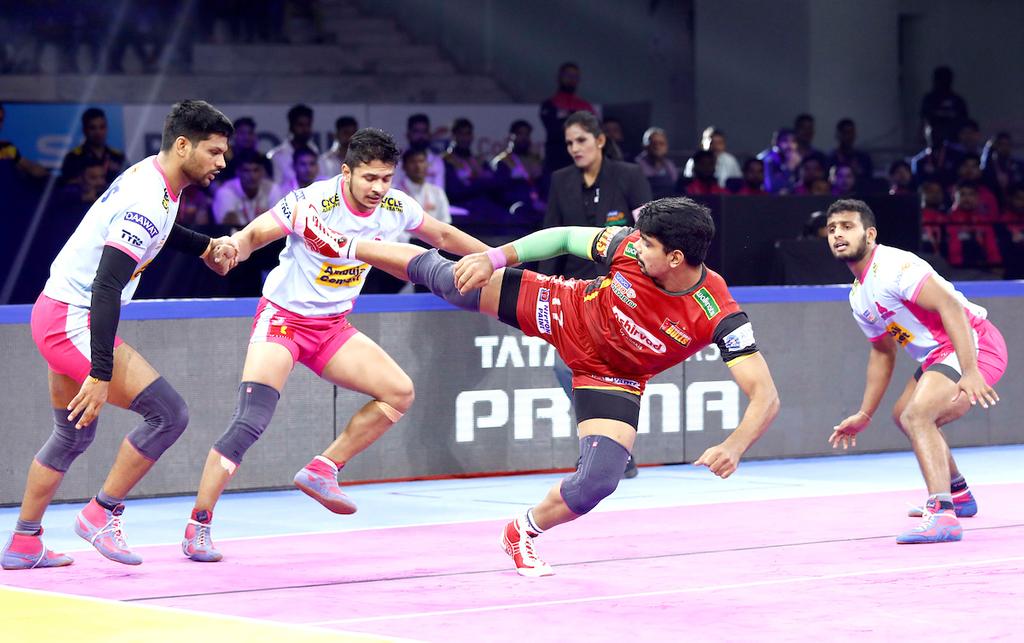 Bengaluru Bulls' Pawan Kumar Sehrawat showcases his raiding skills against JPP defence