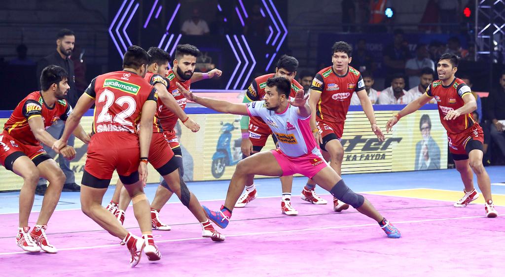 Jaipur Pink Panthers' Deepak Narwal scores his Super 10 in the first half of the game against Bengaluru Bulls